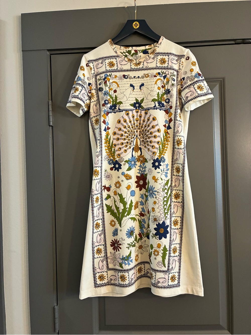 Tory Burch Floral Peacock Print Short-Sleeve Dress - White